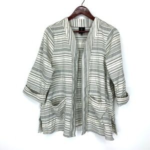 Bobeau Striped Cotton Open Front White & Gray Cuffed Sleeve Shirt Blouse Size 1X
